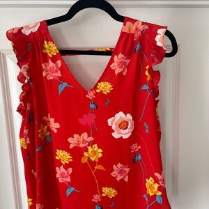 LOFT Red Floral Ruffle Sleeve Blouse